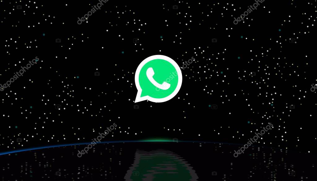 The WhatsApp Messenger logo in the sky and reflection in the water. Site of networking service. Cross-platform centralized messaging and voice-over-IP (VoIP) service owned by Facebook, Inc.
