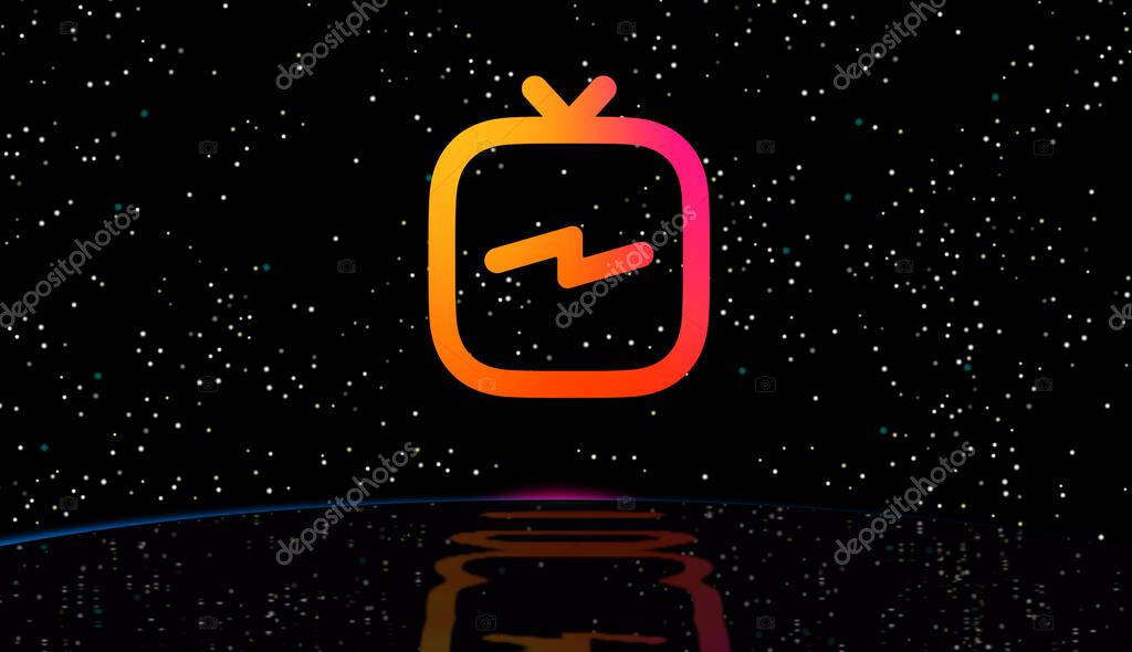 The IGTV, Instagram TV logo in the sky and reflection in the water. Site of video application. Vertical video sharing platform. Developed by Instagram.