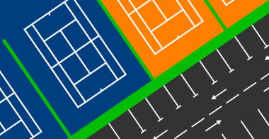 Spor alanının havadan görünüşü. Park alanının yukarısından ve tenis kortlarından dövülmüş kum ve mavi sentetik toprakla yapılmış bir resim. Oyun alanının beyaz çizgileri ve müşteri otoparkları.