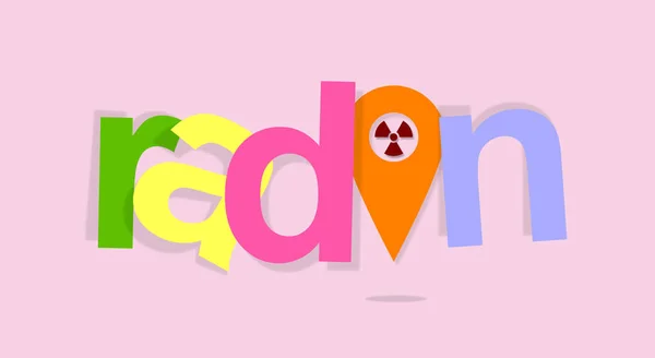 Radon, a contaminant that affects indoor air quality worldwide. Poster with a graphic inserted into the colorful text. Toxic hazard sign on LOCATOR POINTING, pointer or map point icon.