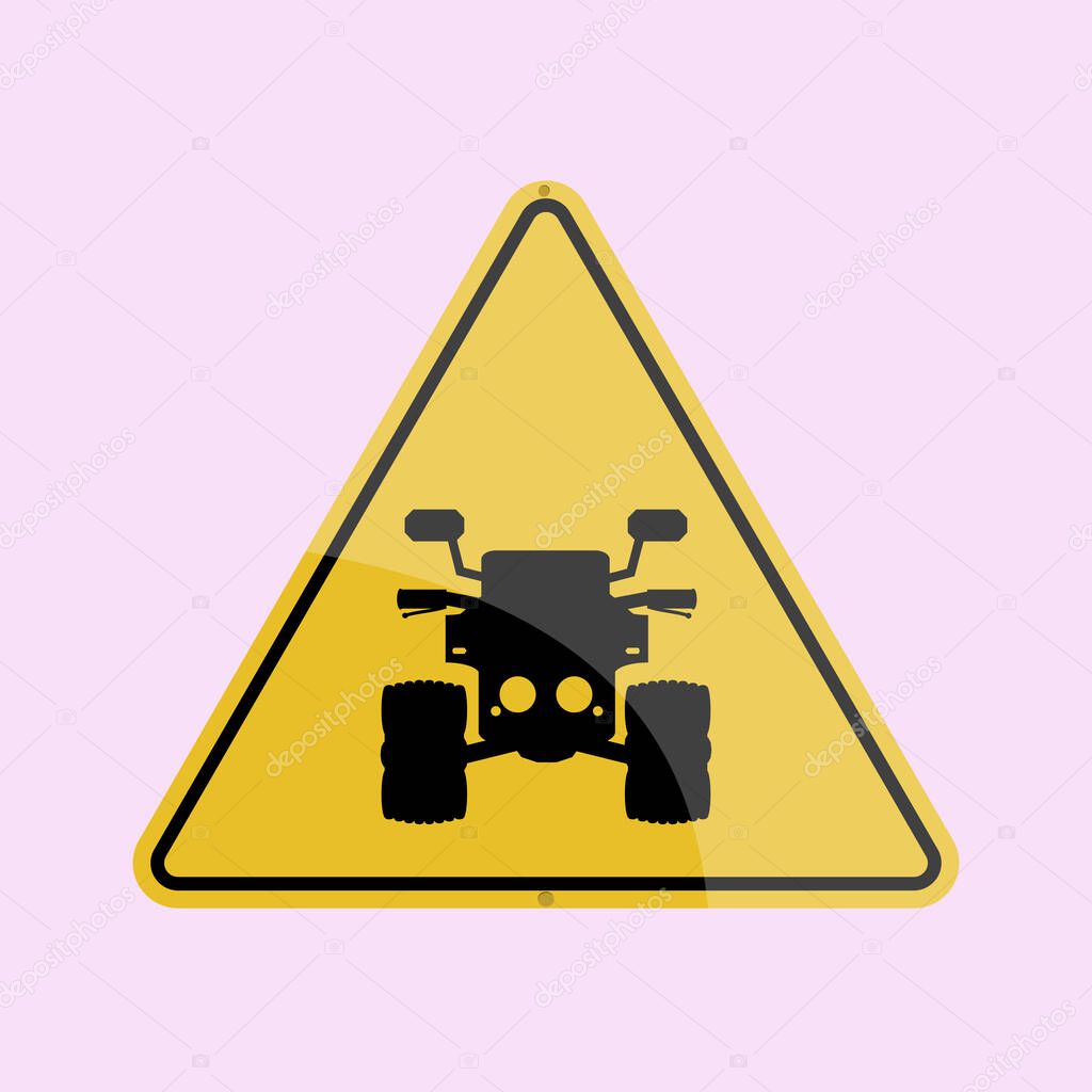 ATVs traffic sign. QUADS, 4WD, AWD, UTV Off-Road. DANGER signaling. Image of yellow triangle hazard signage. Isolated road signal. overhead valve engine. OHV.