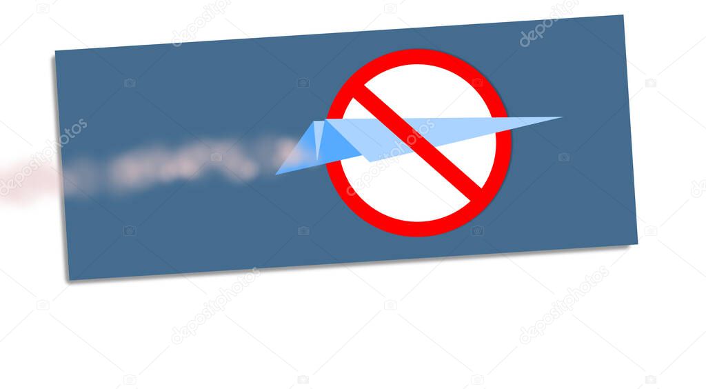 No fly. Restricted air space. Closed airplane trips. FORBIDDEN sign and paper plane with Chemtrails. Poster with design effects. Light blue background. Prohibited, not allowed.