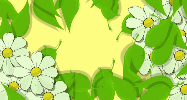 花をテーマに 白いデイジーと緑の葉の壁紙 花のドローイング 陽気でポジティブなバナー バナーの人生の完全な リフレッシュカード ベリス ペレニス植物が新鮮で開花する — ストック写真