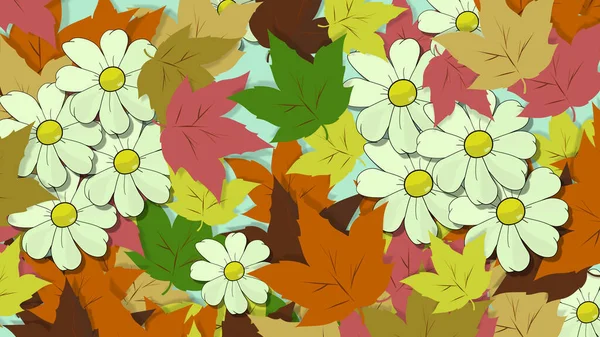 ホワイトデイジーとマルチカラーの葉の壁紙 花のドローイング ポジティブで明るいイメージ バナーの人生の完全な いい季節カードだ 秋のカラーパレット 花のテーマ — ストック写真