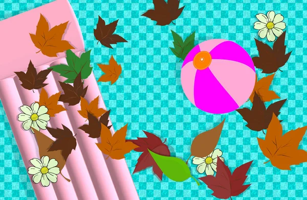 Estetik AUTUMN duvar kağıdı. Sonbahar titreşimleri. Yaz mevsiminin sonu. Renkli yapraklar ve beyaz çiçekler. Şişme yatak ve bir top. Havuzun berrak sularında yapraklar kuru görünür..