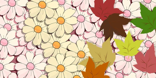 作为背景的玛格丽特的多样性 Fall Season气氛 五彩斑斓的雏菊和落叶 带着怀旧的色调和自然的色彩 有着优美的对比 新鲜和现代的花卉种植 — 图库照片
