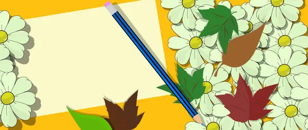 黄色い紙と青い鉛筆 ポジティブで陽気な花のカード ホワイトデイジーとマルチカラーの葉は ノスタルジックなトーンと自然な色でエレガントなコントラスト — ストック写真