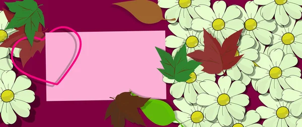 白色的雏菊和五彩斑斓的落叶 带有怀旧的色调 自然的色彩 卡片来祝贺或传达爱 感情和激情 对设计要素的交叉影响 — 图库照片