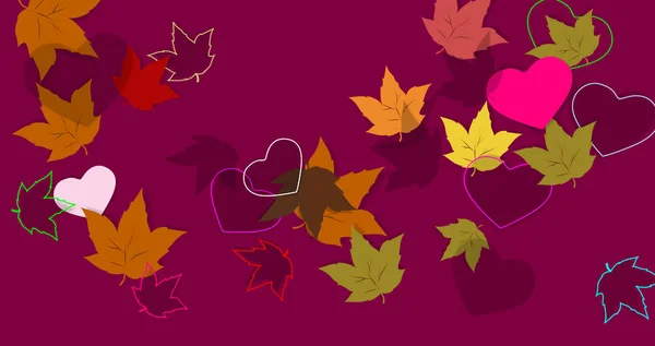 Autumn Background 很酷的壁纸 轮廓和轮廓 孤立元素的轮廓 一套五彩斑斓的树叶和心形 具有时代特征 秋天的气氛 — 图库照片