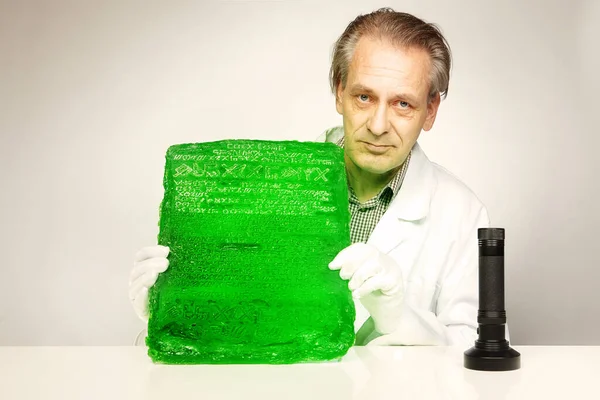 Museologist Examining Artifact Emerald Tablet His Workplace — Stock Photo, Image