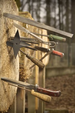 Çeşitli silahlar eğitim alanındaki tahta hedefe saplandı.