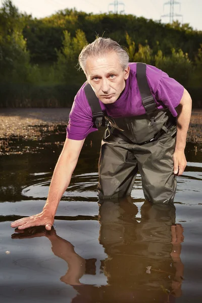 Water Quality Analyst Dressed Chest Wader Collecting Samples — Stock Photo, Image