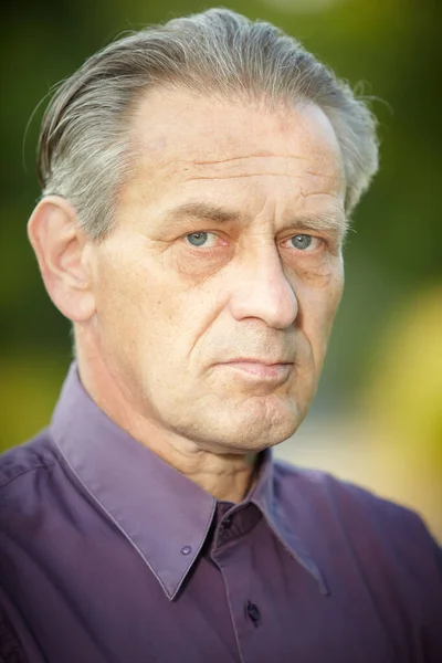 Older Man Violet Shirt Posing Park Portrait — Stock Photo, Image