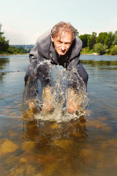 Manager Grey Suit Became Crazy Hot Weather Cooling River — Stok fotoğraf