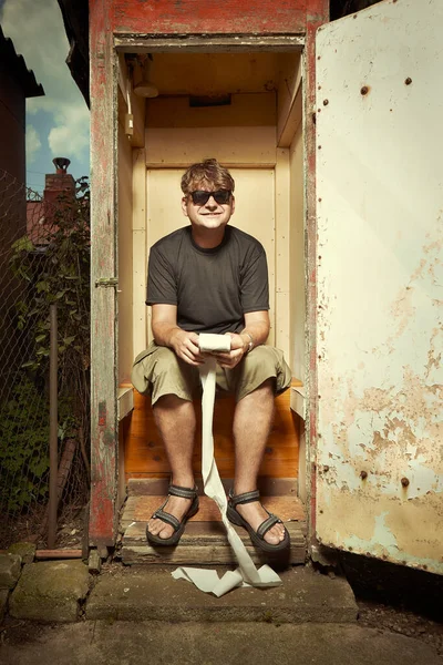 Man Using Wooden Toilet Latrine Summer Cottage — Stock Photo, Image