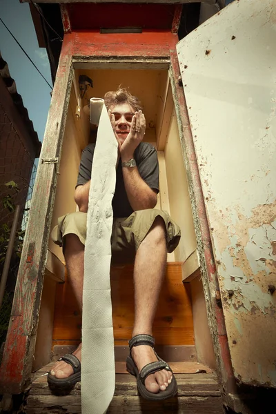 Man Using Wooden Toilet Latrine Summer Cottage — Stock Photo, Image