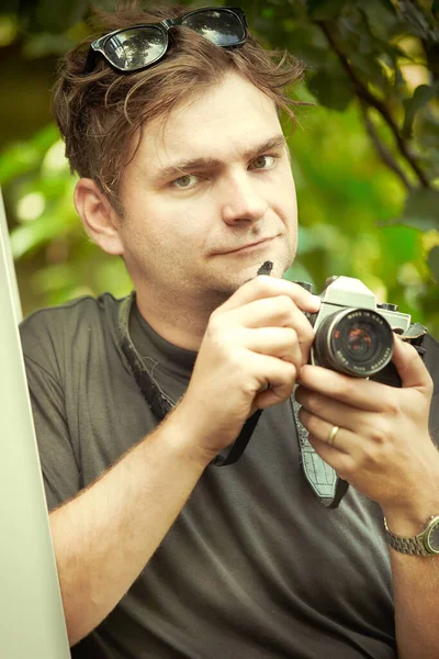 Adult Man Portrait Outdoor Old Film Camera — Stock Photo, Image