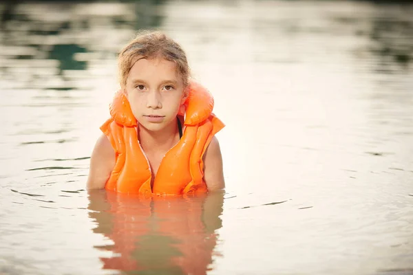 Little Girl Learning Swimming Life Jacket Natural Water — Stock Photo, Image