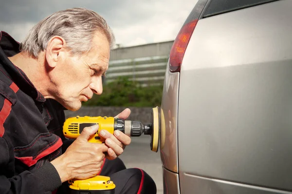 Man Overall Working Drill Damage His Car Directly Street — Stock Photo, Image