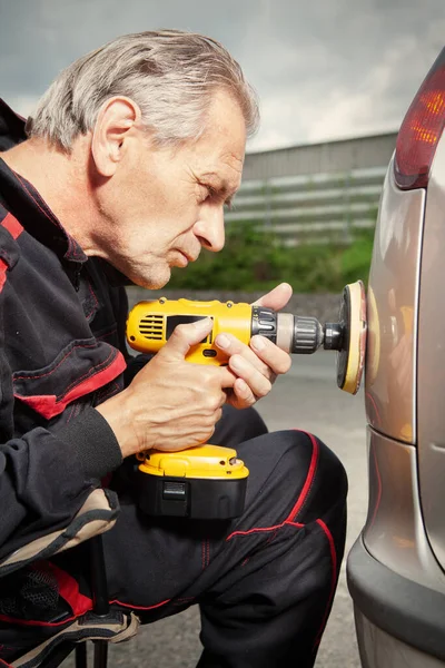Man Overall Working Drill Damage His Car Directly Street — Stock Photo, Image