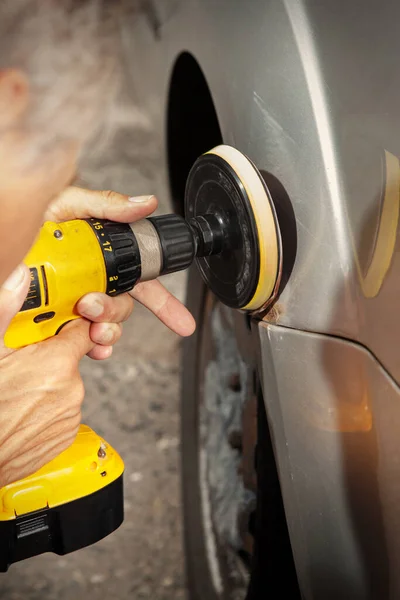 Man Overall Working Drill Damage His Car Directly Street — Stock Photo, Image