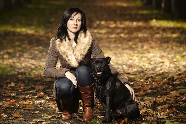 Menina agradável e seu cão no parque de outono — Fotografia de Stock