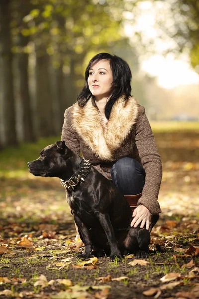 Mulher agradável e seu cão no parque de outono — Fotografia de Stock