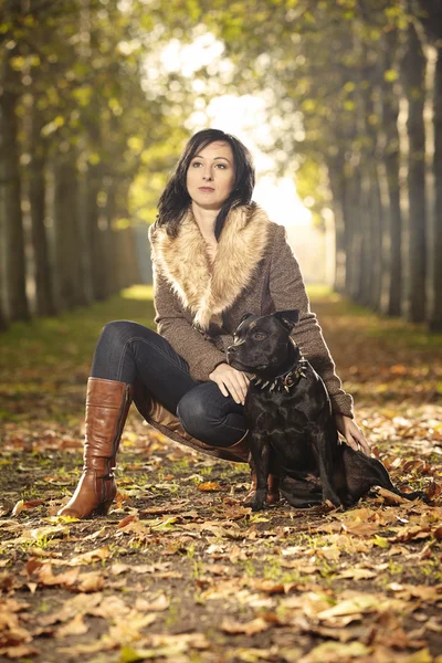 Autumn beauty and her dog in park — Stock Photo, Image