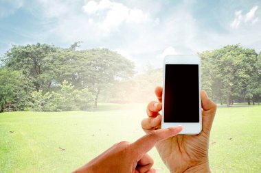 patlama ışık ile bahçede büyük ağaçlarda el tutun ve dokunmatik ekran akıllı telefon