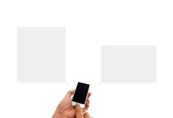 Telefon Der Hand Zum Arbeiten Auf Einem Smartphone Mit Eröffnungsrede — Stockfoto