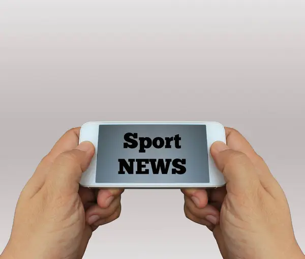 Man Using Hand Holding Smartphone Text Sport News Display — Stock Photo, Image