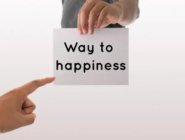 Hombre Usando Mano Sosteniendo Libro Blanco Con Texto Camino Felicidad —  Fotos de Stock