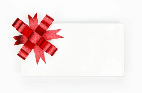 White Gift Box Red Ribbon Bow Isolated White Background — Stock Photo, Image