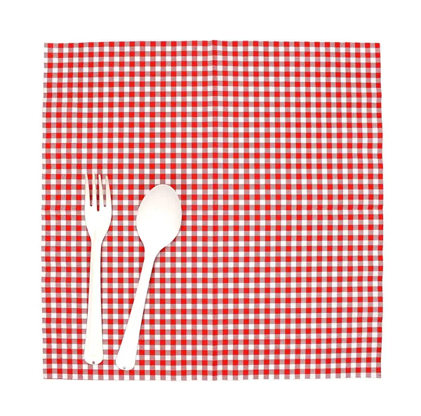 桌布上的顶部视图叉和勺子 用作食物背景 — 图库照片