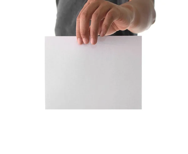 Mão Segurando Papel Branco Vazio Publicidade — Fotografia de Stock