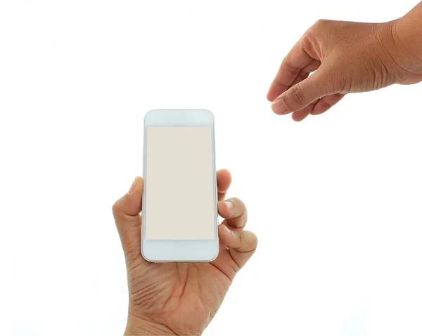 Telefone Mão Para Trabalhar Smartphone Com Uma Tela Branco — Fotografia de Stock