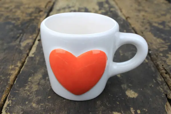 Orange Heart Coffee Cup Wooden Table Stock Photo