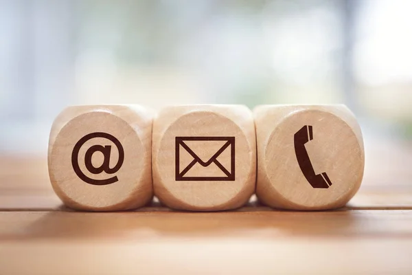 Contact Concept Wood Block Symbols Mail Address Phone — Stock Photo, Image