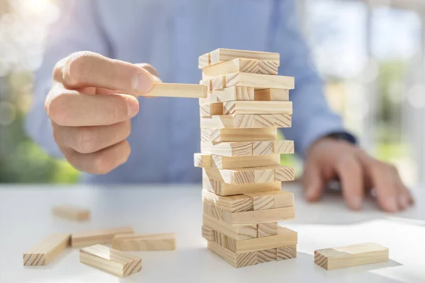 Planning Risk Strategy Business Businessman Gambling Placing Wooden Block Tower — Stock Photo, Image