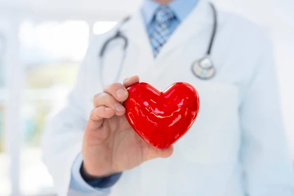 Médico Cardiólogo Que Sostiene Corazón Con Cuidado Las Manos Hospital — Foto de Stock