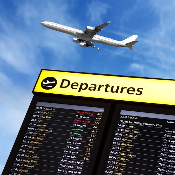 Airport flight information and airplane departing — Stock Photo, Image