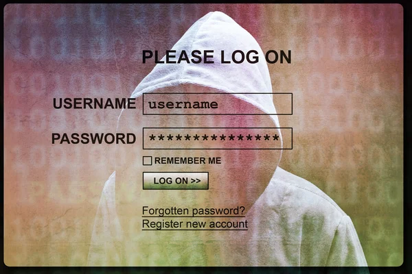 Tela de login na Internet com silhueta de um hacker — Fotografia de Stock