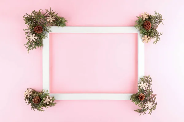 Festive Elegant Background Blank Photo Frame Pastel Pink Background Fir — Foto Stock