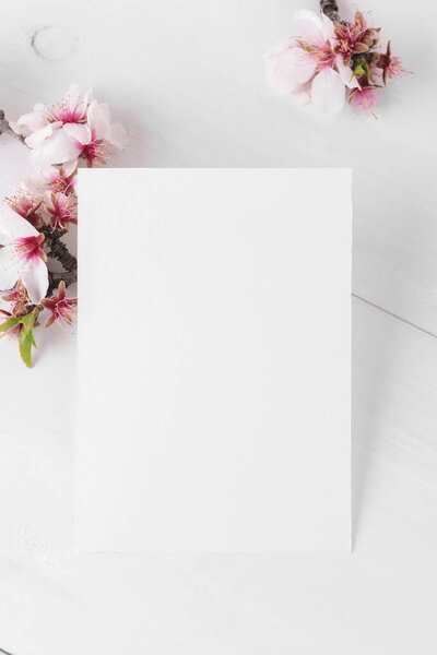 White empty card mockup with blooming almond tree branch. Valentines Day card for your love