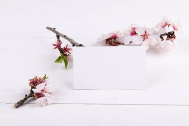 Çiçek açan badem ağacı dallı yatay boş kart modeli, düğün davetiyesi için tasarım ögesi, teşekkür kartı, selamlama veya davetiye kartı.