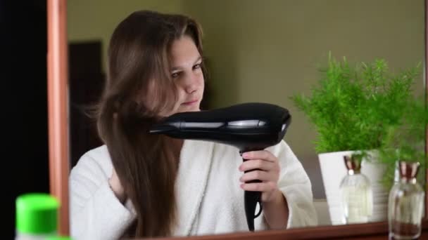 Beautiful Young Woman Drying Long Hair Dryer Looking Mirror Morning — Stockvideo