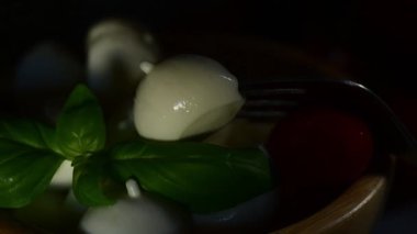 Işık, taze apulian mozzarella peynirini taze fesleğen yaprağıyla ahşap bir kasede aydınlatır. Kapatın ve yavaşça çekin, Puglia, İtalya 'da üretilir.