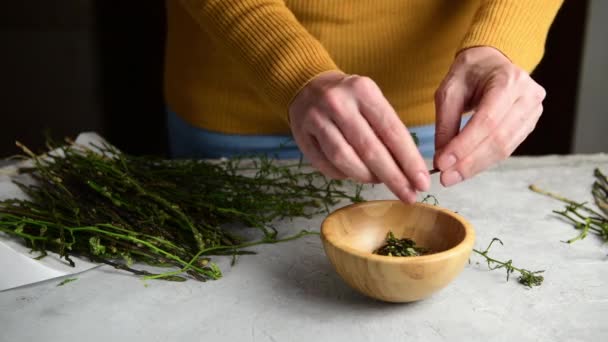 Authentieke Vrouwelijke Handen Schillen Bereiden Wilde Asperges Voor Een Grijze — Stockvideo