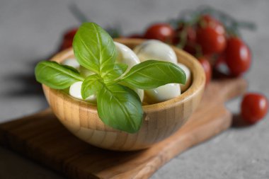 Taze fesleğen yaprağını kapat. İtalyan salata caprese peyniri, domates, fesleğen yaprağı.