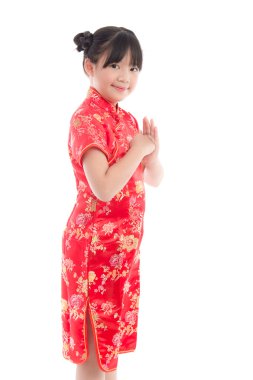 Güzel Asyalı kız mutlu çene yeni yıl dileğiyle